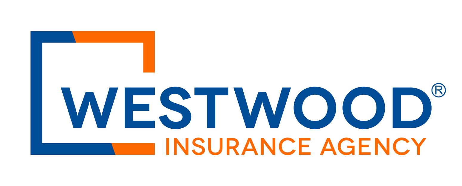 Westwood Insurance Agency logo: blue framed square with orange details and bold blue 'WESTWOOD' text, orange 'INSURANCE AGENCY' subtitle.