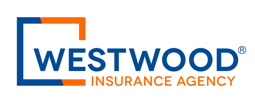 Westwood Insurance Agency logo: blue framed square with orange details and bold blue 'WESTWOOD' text, orange 'INSURANCE AGENCY' subtitle.